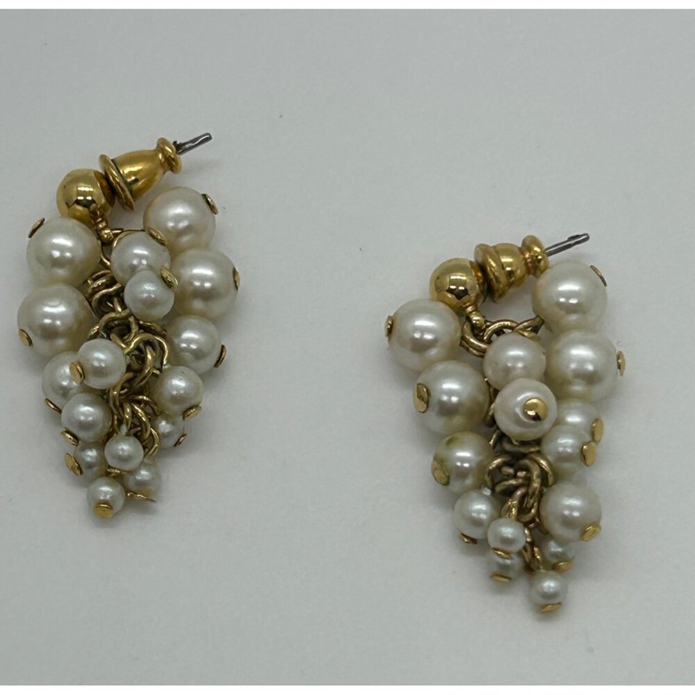 Vintage Faux Pearl Cluster Earrings Gold-Tone Dangle Wedding Prom Elegant - Picture 2 of 14